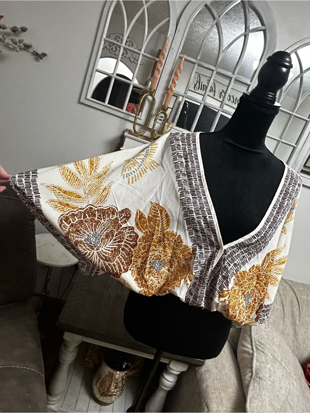 SHEIN Floral V-Neck Blouse - Cream & Mustard Brown, NWOT